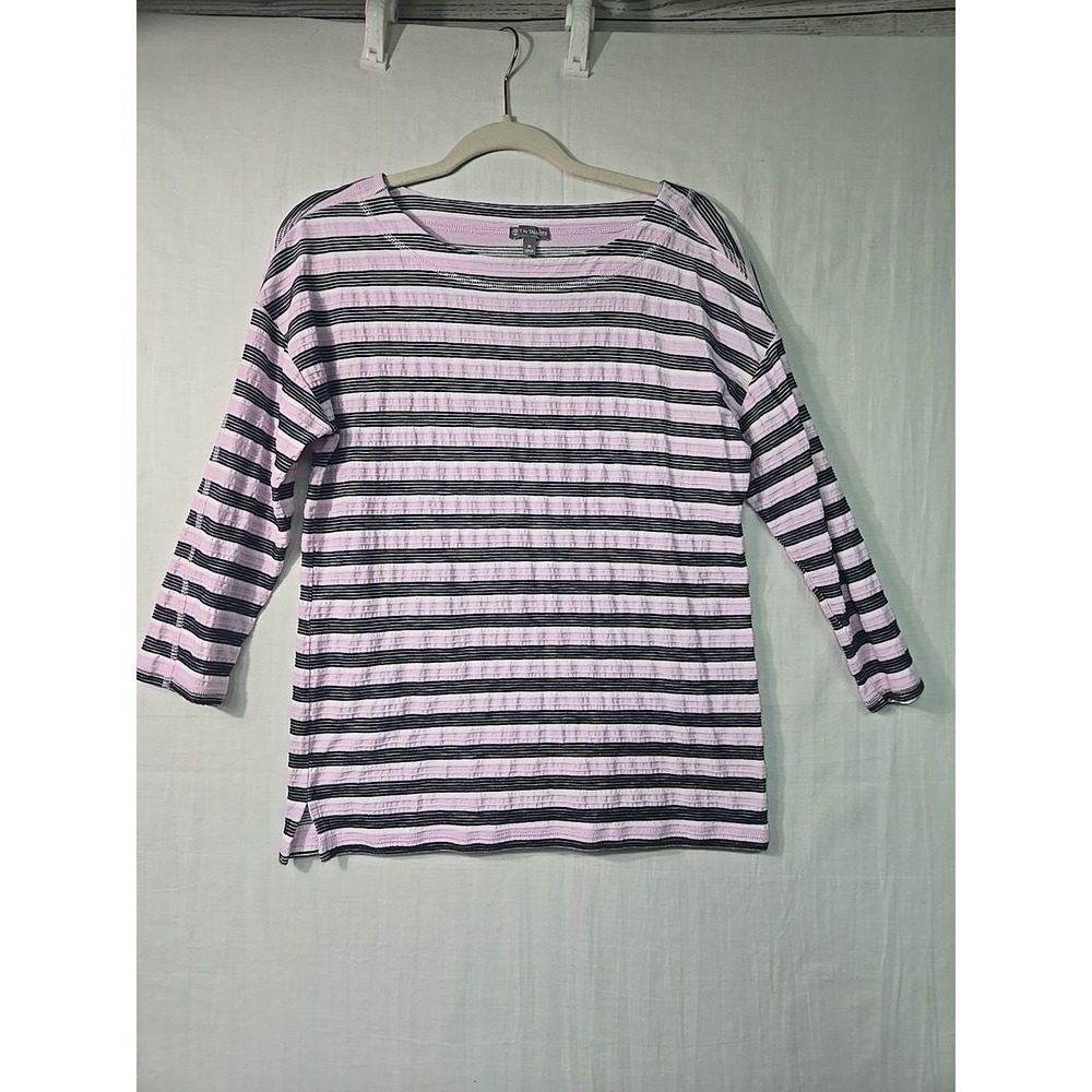 T By Talbots Women's Medium 3/4 Sleeve‎ Round Neck Top Striped Pink Navy White